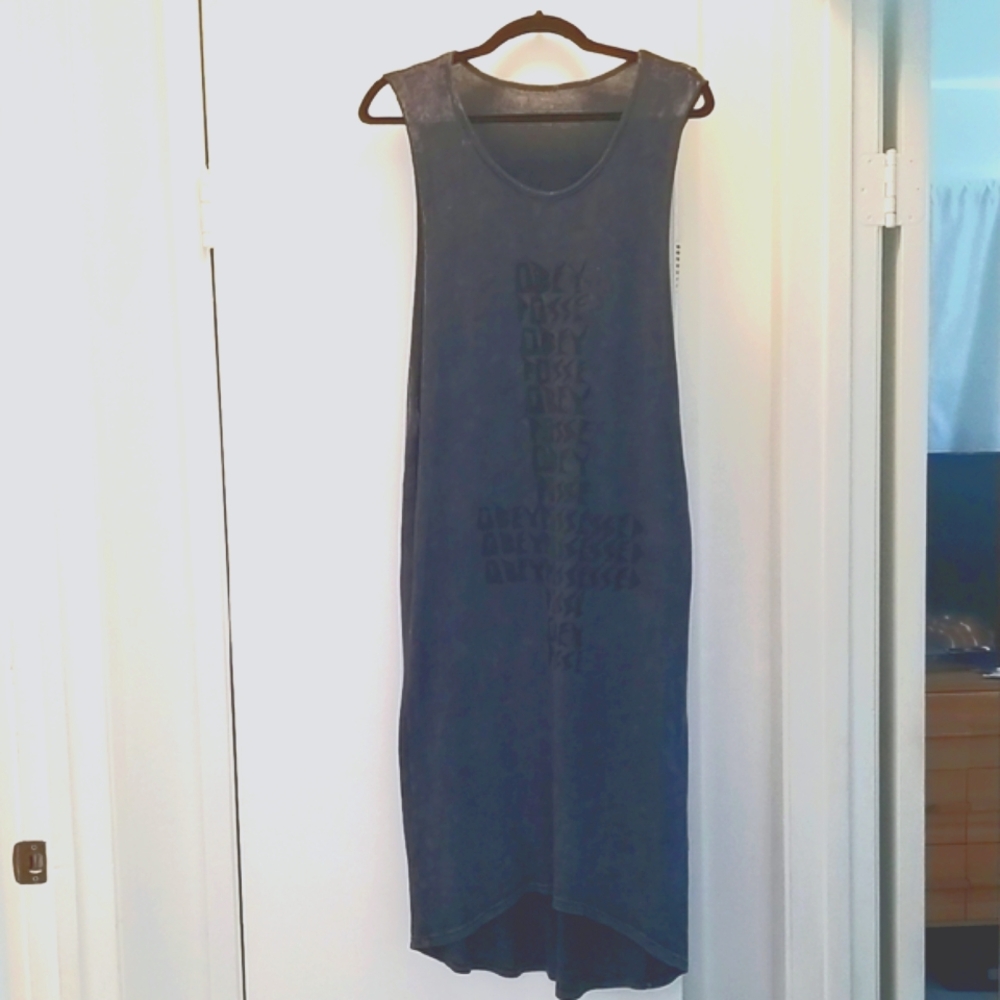 Obey Propaganda Gray Graphic Design Sleeveless Stylish Summer Maxi Dress Size L